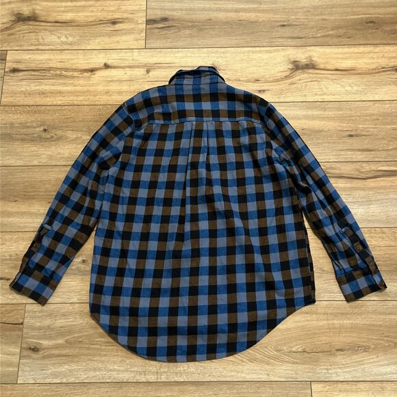 Madewell Flannel Drop-Shoulder Popover Top SZ Medium Blue Brown Check Button - Picture 11 of 12